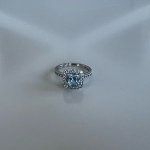 Aquamarine Cushion Cut Haloed Cubic Zirconia Ring Sterling Silver Setting